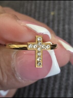 Stainless Steel Gold Cross Ring with Clear Crystals - Fashion Women's Jewelry